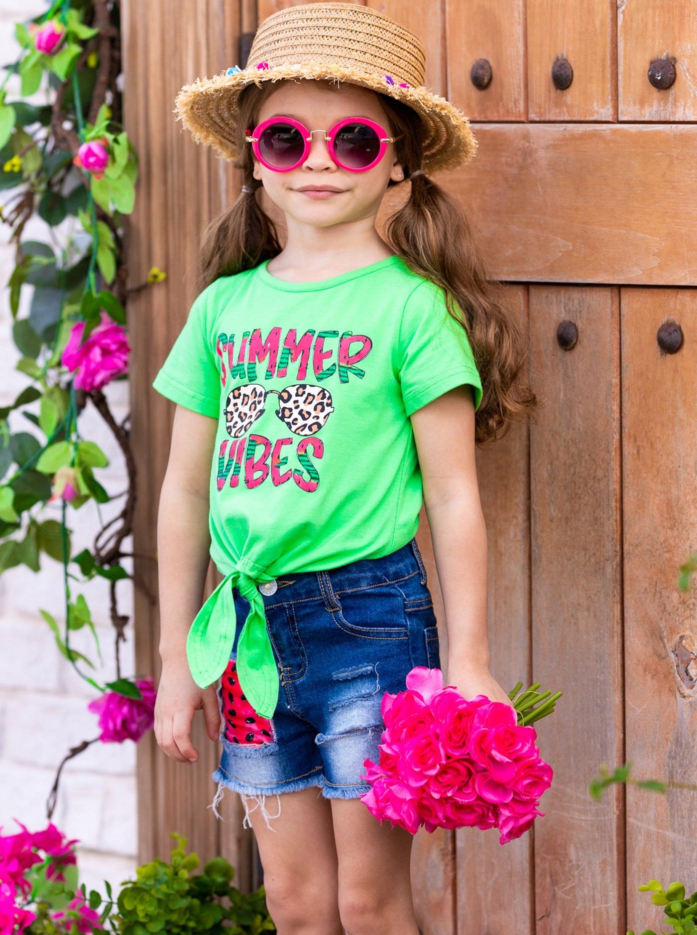 Kids Summer Clothes | Girls Knot Hem Top & Patch Denim Shorts Set