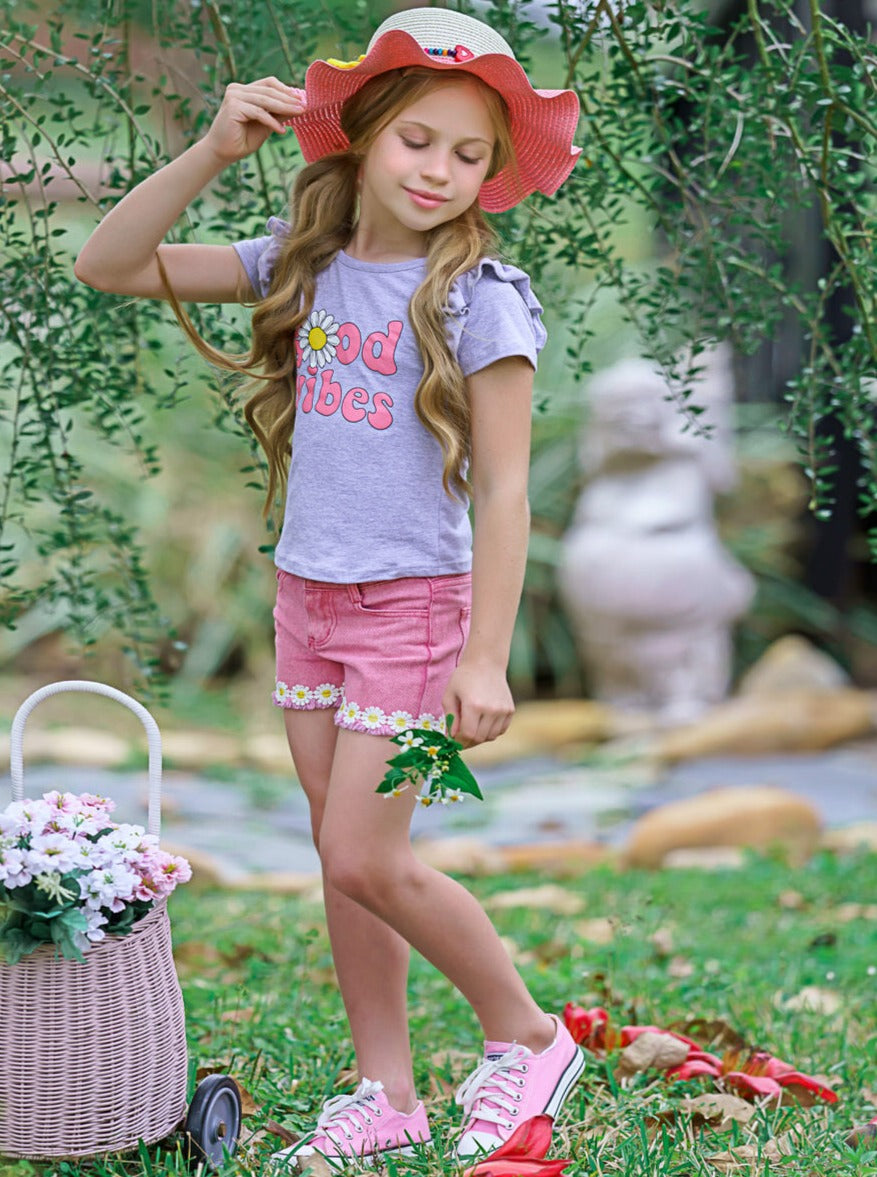 Toddler Spring Clothes | Girls Good Vibes Tee & Denim Shorts Set
