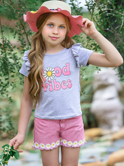 Toddler Spring Clothes | Girls Good Vibes Tee & Denim Shorts Set