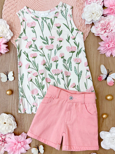 Kids Spring Fashion | Girls Floral Fringe Tank Top & Denim Shorts Set