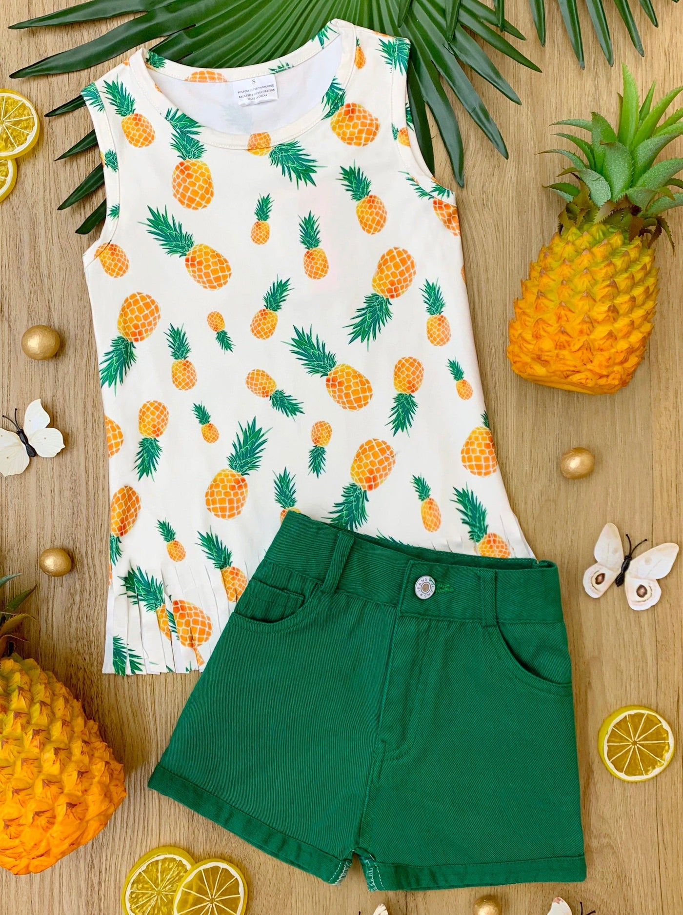Spring Toddler Outfit | Girls Pineapple Fringe Top & Denim Shorts Set 