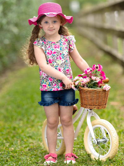 Spring Fashion For Girls | Leopard Floral Top & Denim Shorts Set