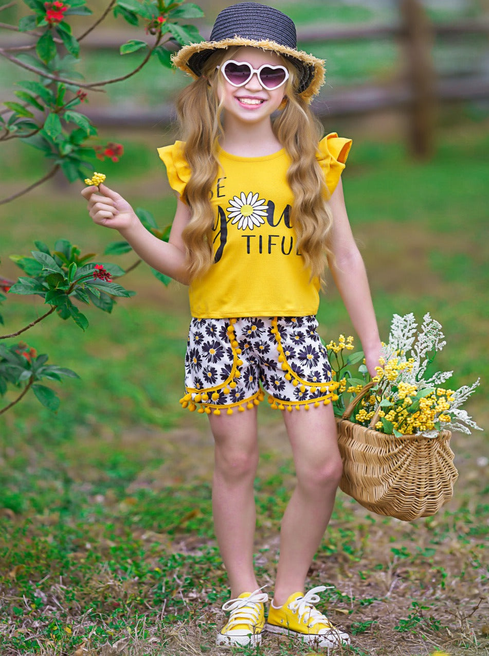 Resort Girls Outfits | Girls Daisy Top & Floral Pom-Pom Shorts Set