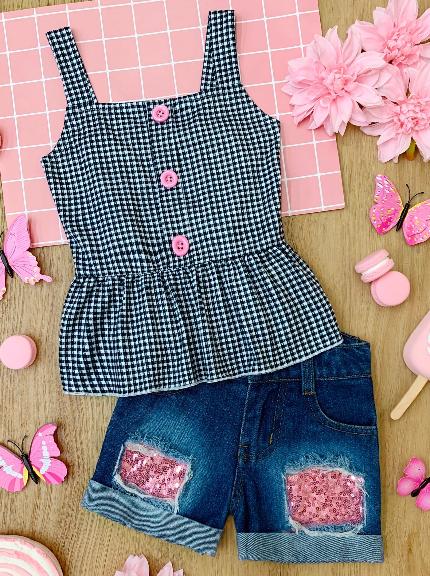 Cute Toddler Outfit | Girls Plaid Peplum Top & Patch Denim Shorts Set
