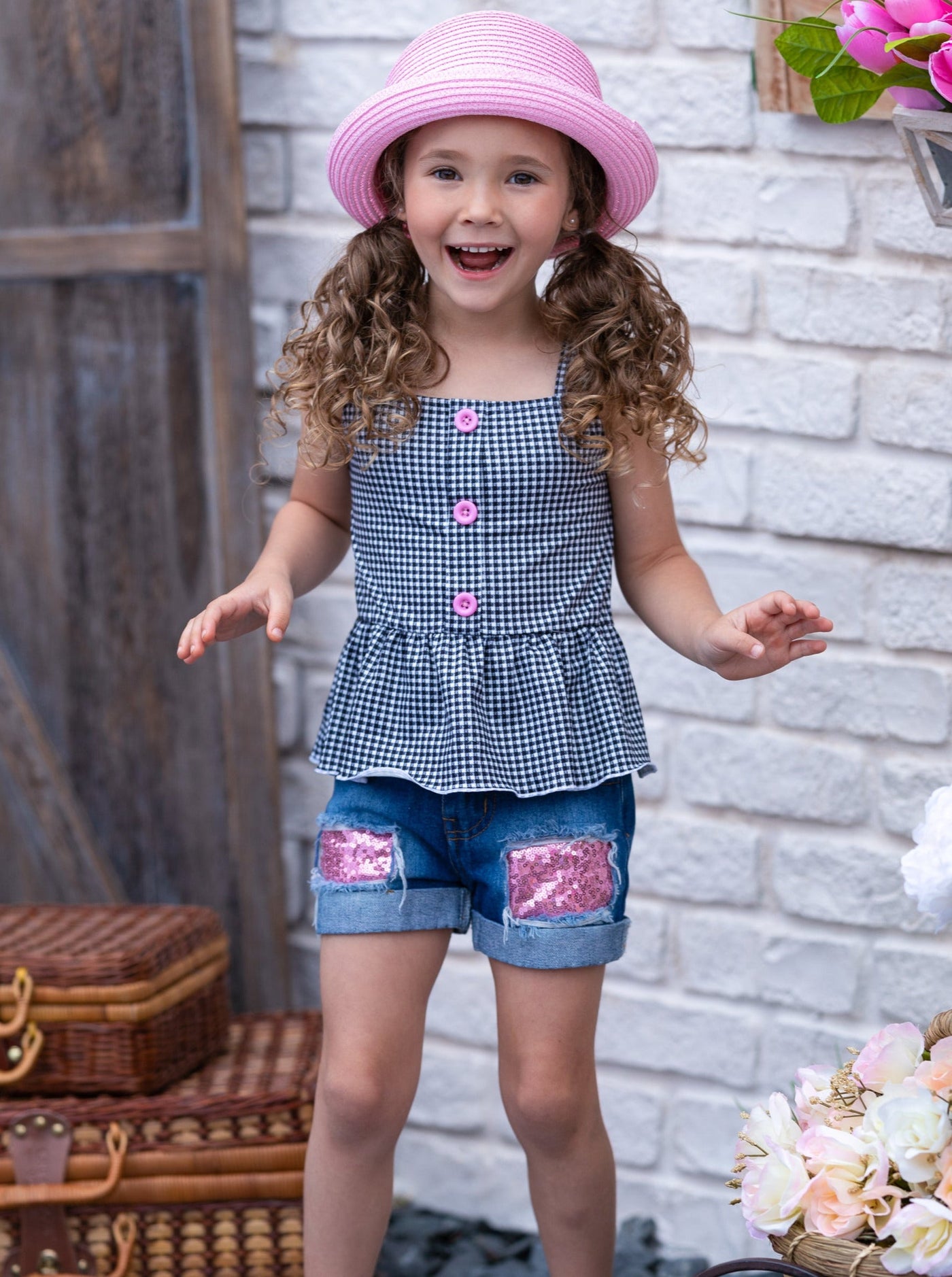 Cute Toddler Outfit | Girls Plaid Peplum Top & Patch Denim Shorts Set