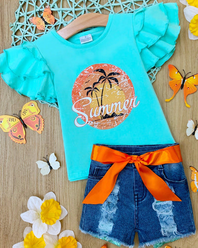 Cute Toddler Outfit | Girls Graphic Ruffle Tee & Denim Shorts Set