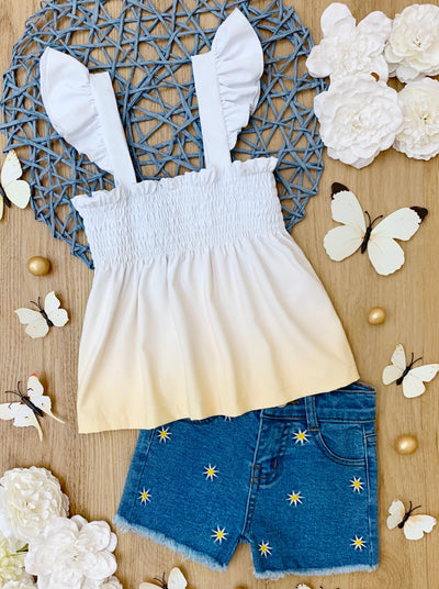 Kids Spring Clothes | Girls Ombre Smocked Top & Star Denim Shorts Set
