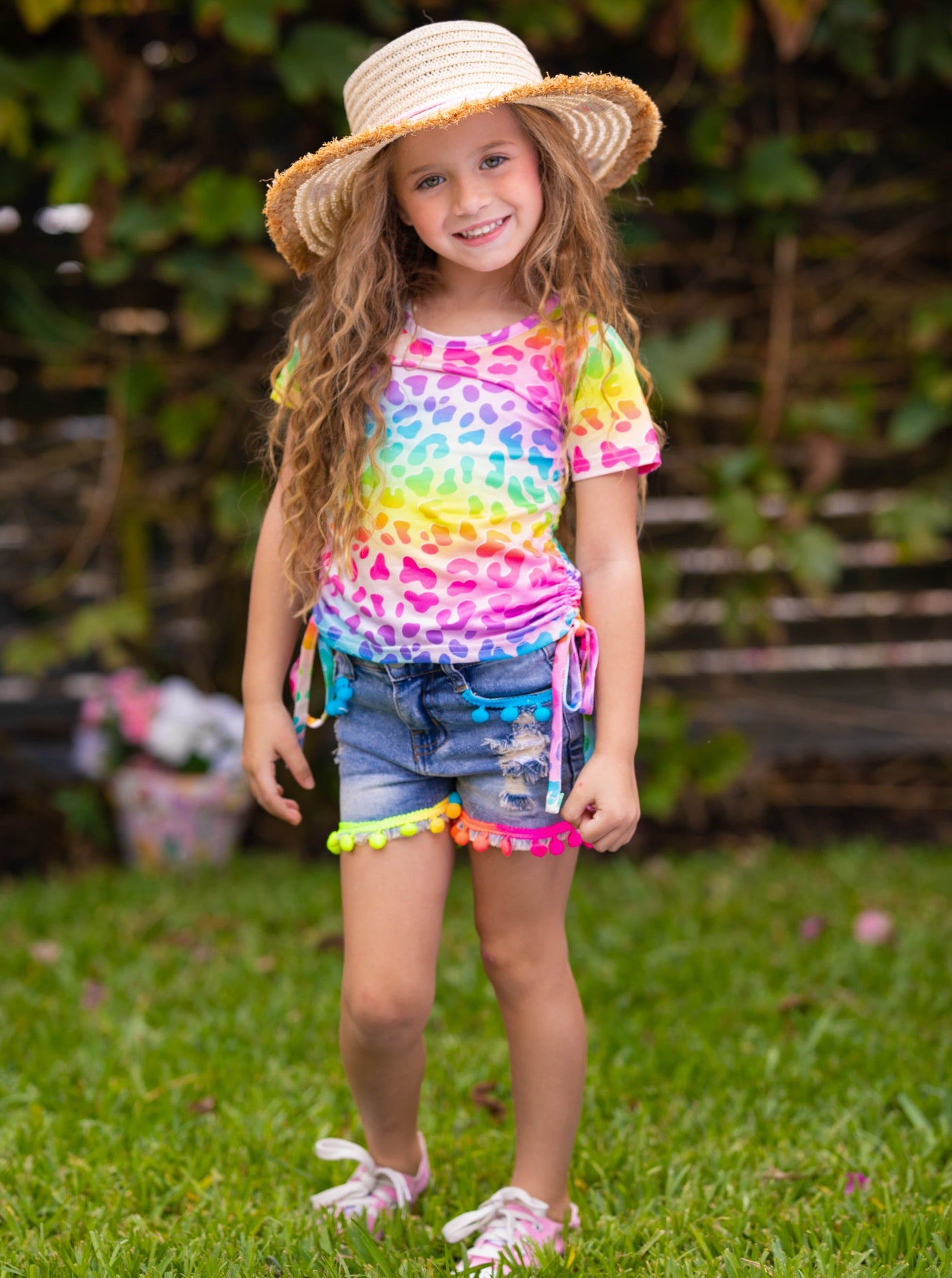 Girls Spring Outfits | Rainbow Leopard Top & Tassel Denim Shorts Set