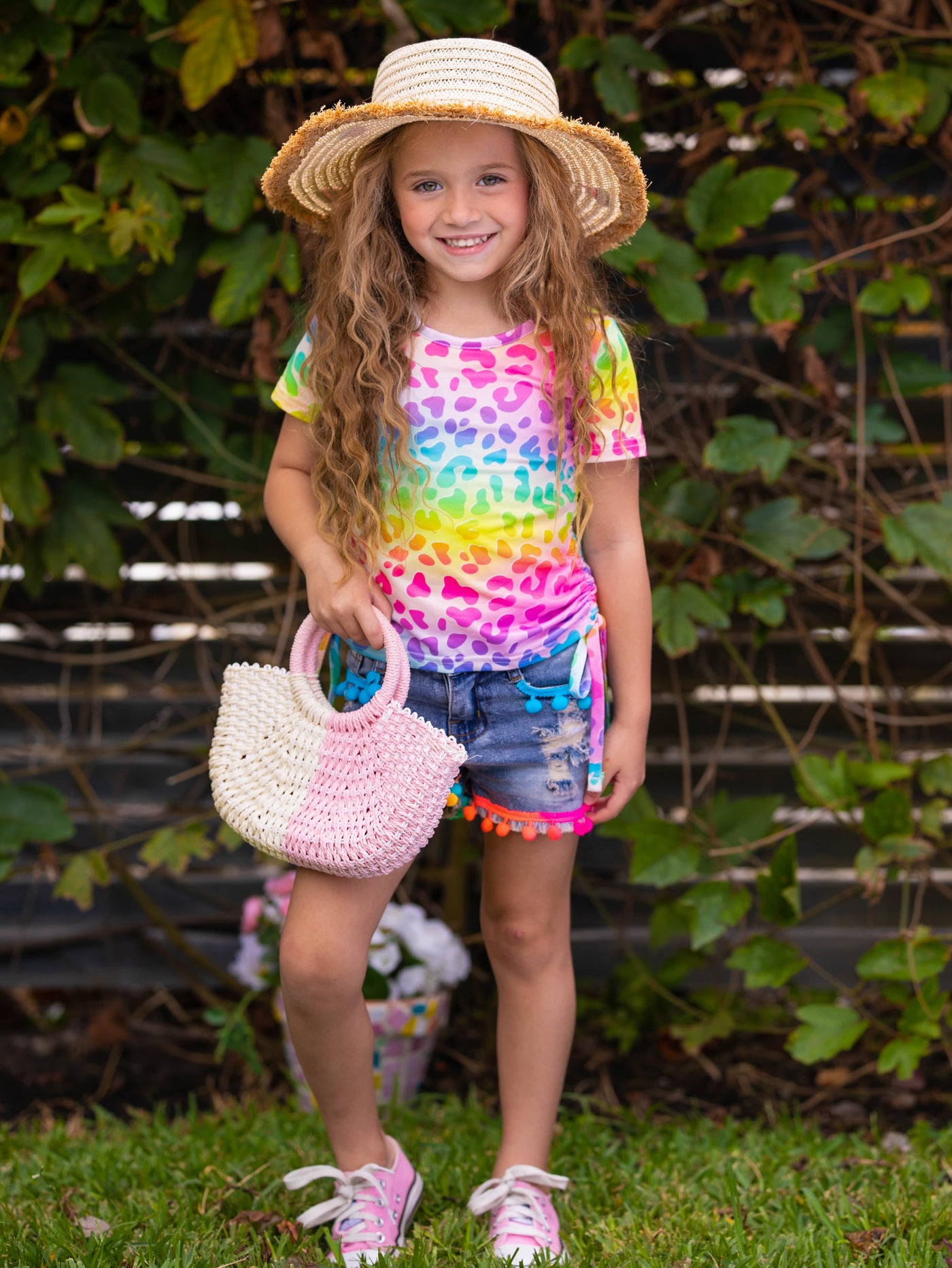 Girls Spring Outfits | Rainbow Leopard Top & Tassel Denim Shorts Set