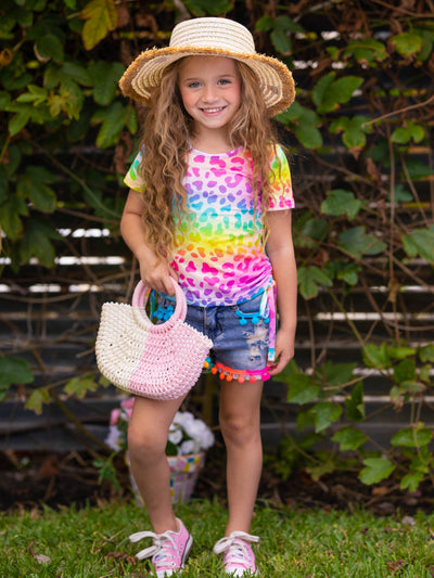 Girls Spring Outfits | Rainbow Leopard Top & Tassel Denim Shorts Set
