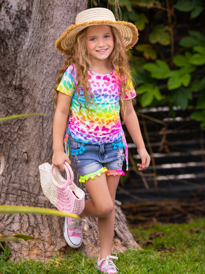 Girls Spring Outfits | Rainbow Leopard Top & Tassel Denim Shorts Set