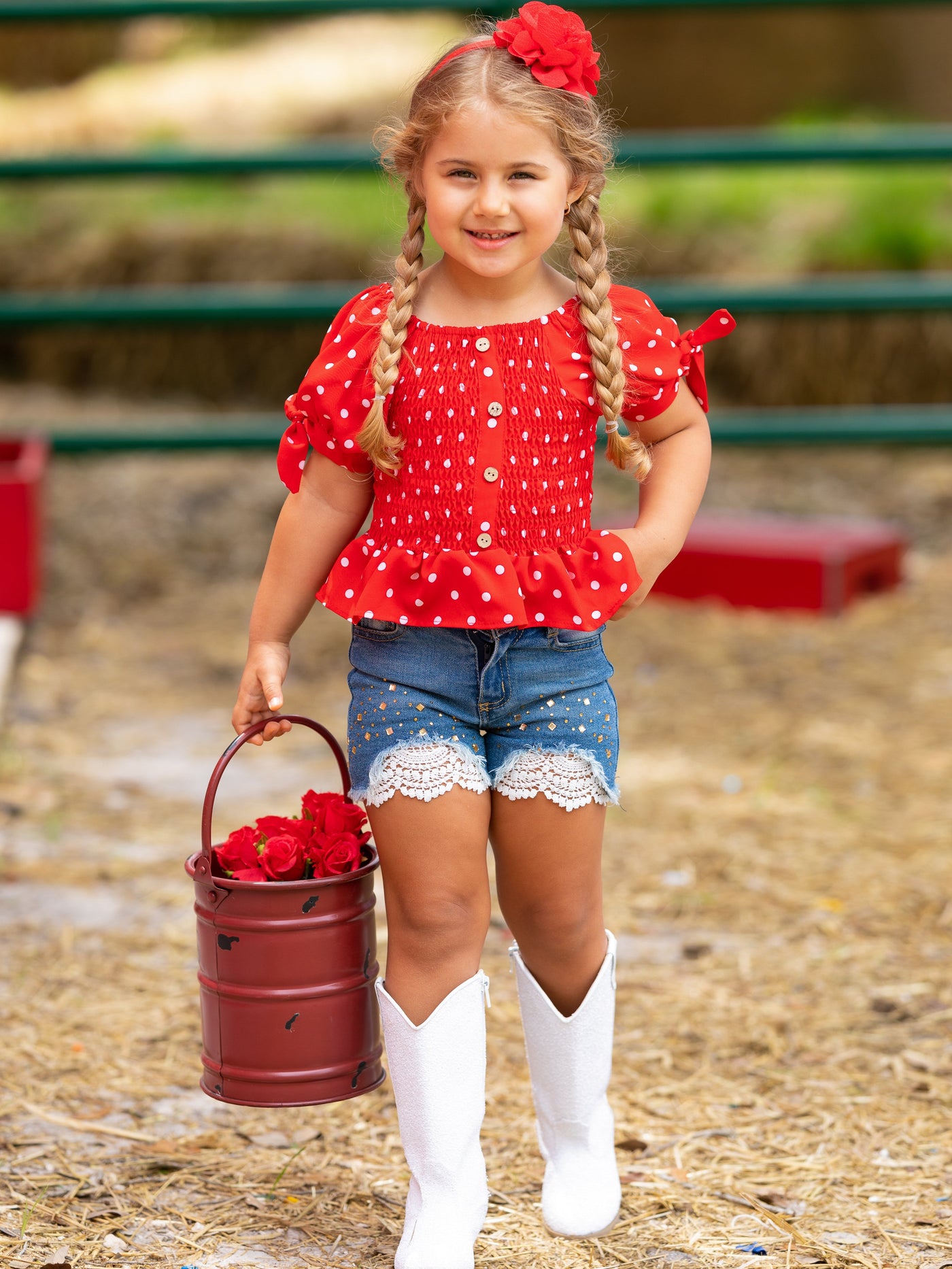 Girls Spring Outfits | Polka Dot Smock Top & Lace Denim Shorts Set