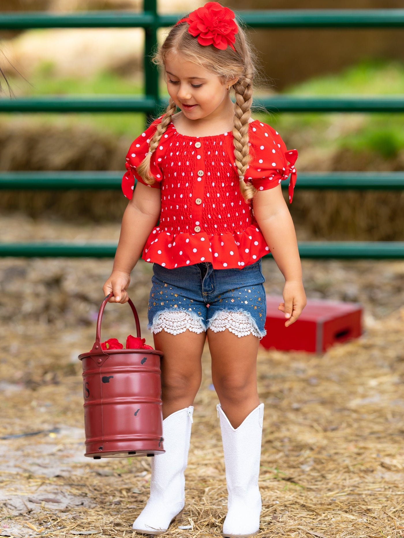 Girls Spring Outfits | Polka Dot Smock Top & Lace Denim Shorts Set