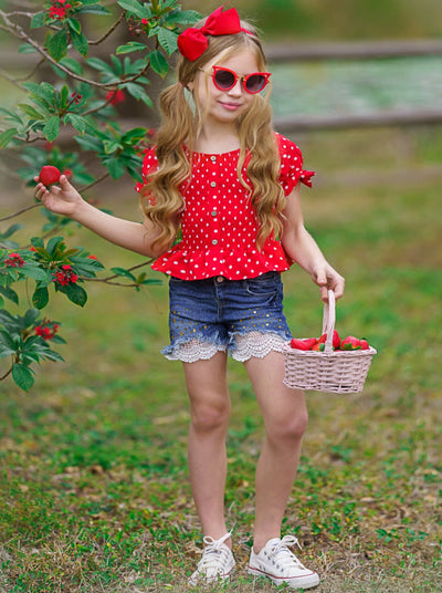 Girls Polka Dot Cutie Cap Sleeved Button Down Top and Lace Denim Shorts Set