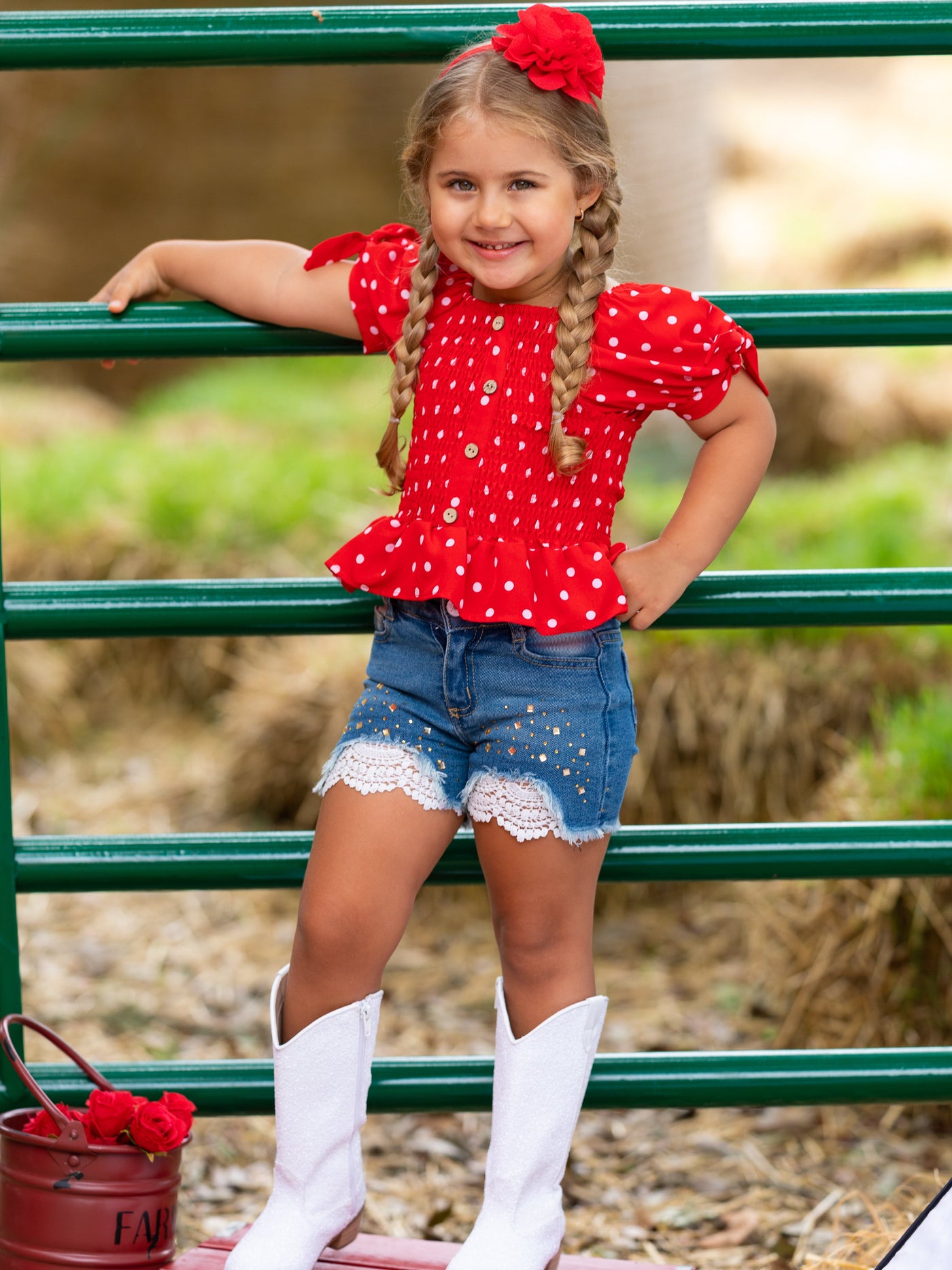 Girls Spring Outfits | Polka Dot Smock Top & Lace Denim Shorts Set