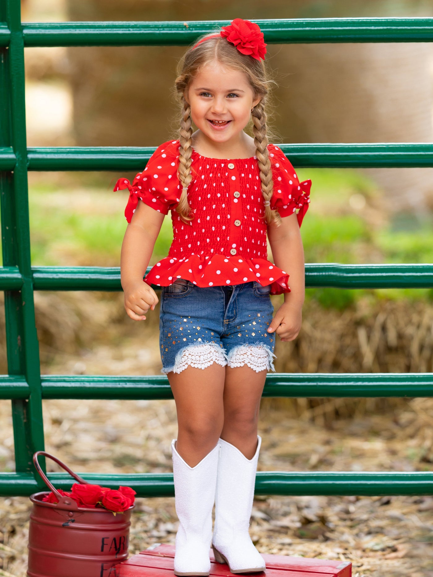 Girls Spring Outfits | Polka Dot Smock Top & Lace Denim Shorts Set