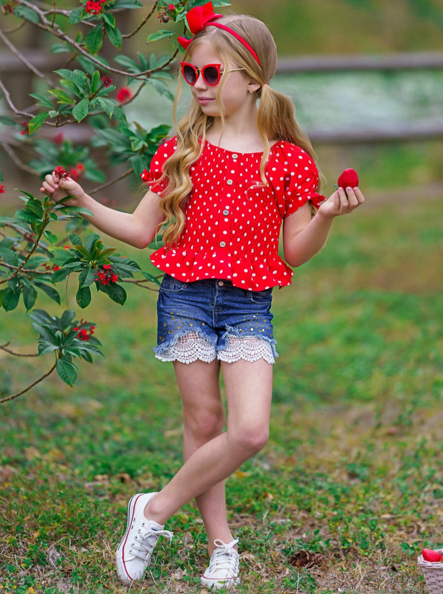 Girls Polka Dot Cutie Cap Sleeved Button Down Top and Lace Denim Shorts Set