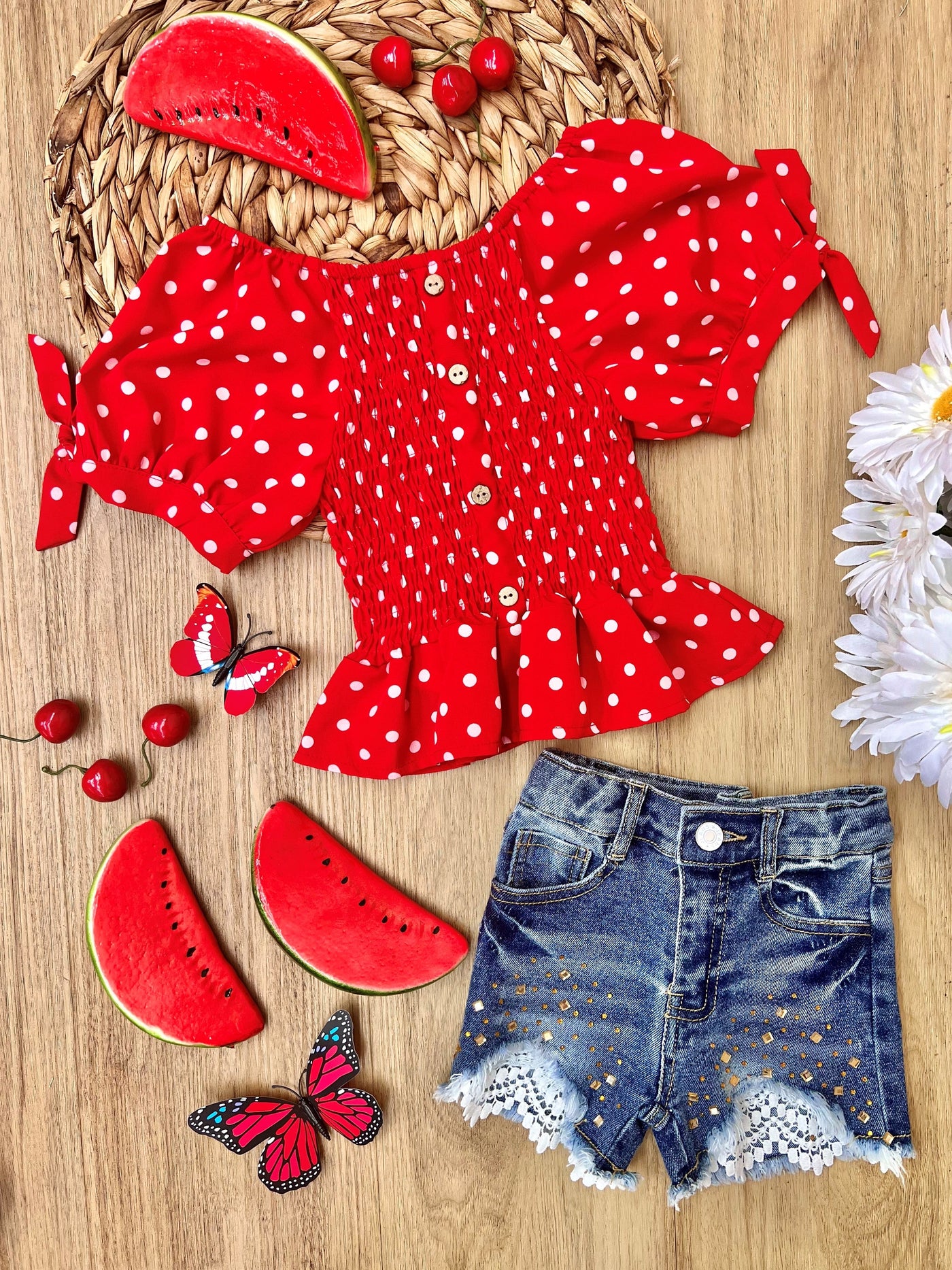 Girls Polka Dot Cutie Cap Sleeved Button Down Top and Lace Denim Shorts Set