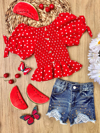 Girls Polka Dot Cutie Cap Sleeved Button Down Top and Lace Denim Shorts Set