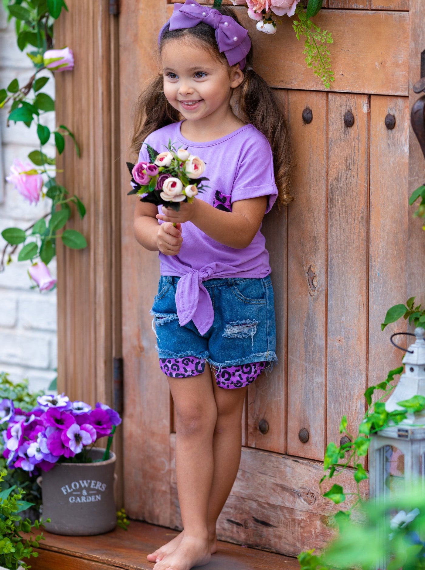 Girls Spring Outfits | Grape Leopard Print Knot Top & Denim Shorts Set