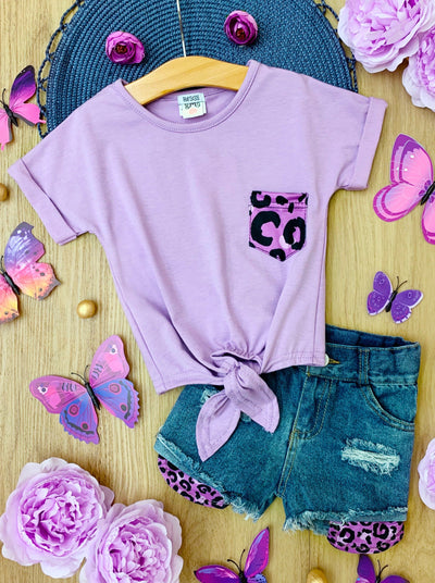 Girls Spring Outfits | Grape Leopard Print Knot Top & Denim Shorts Set