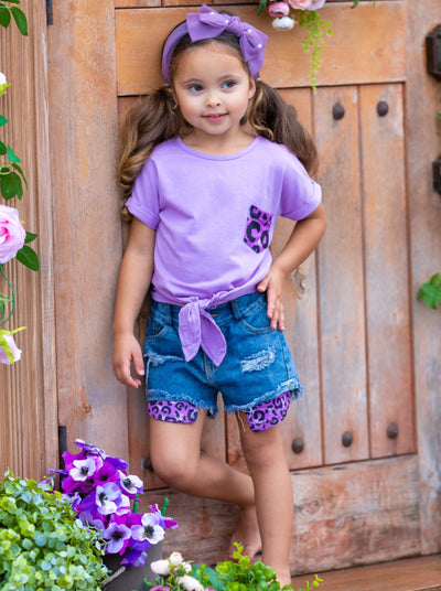 Girls Spring Outfits | Grape Leopard Print Knot Top & Denim Shorts Set