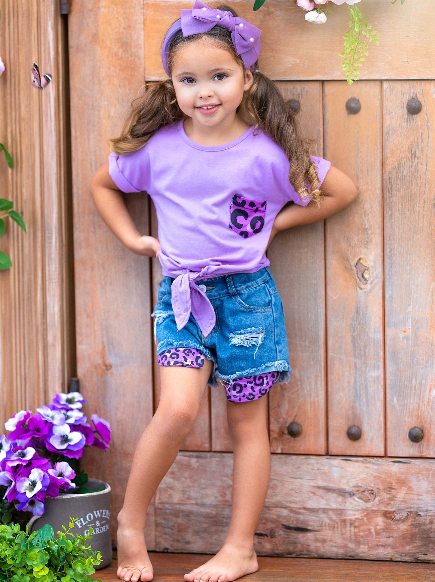 Girls Spring Outfits | Grape Leopard Print Knot Top & Denim Shorts Set
