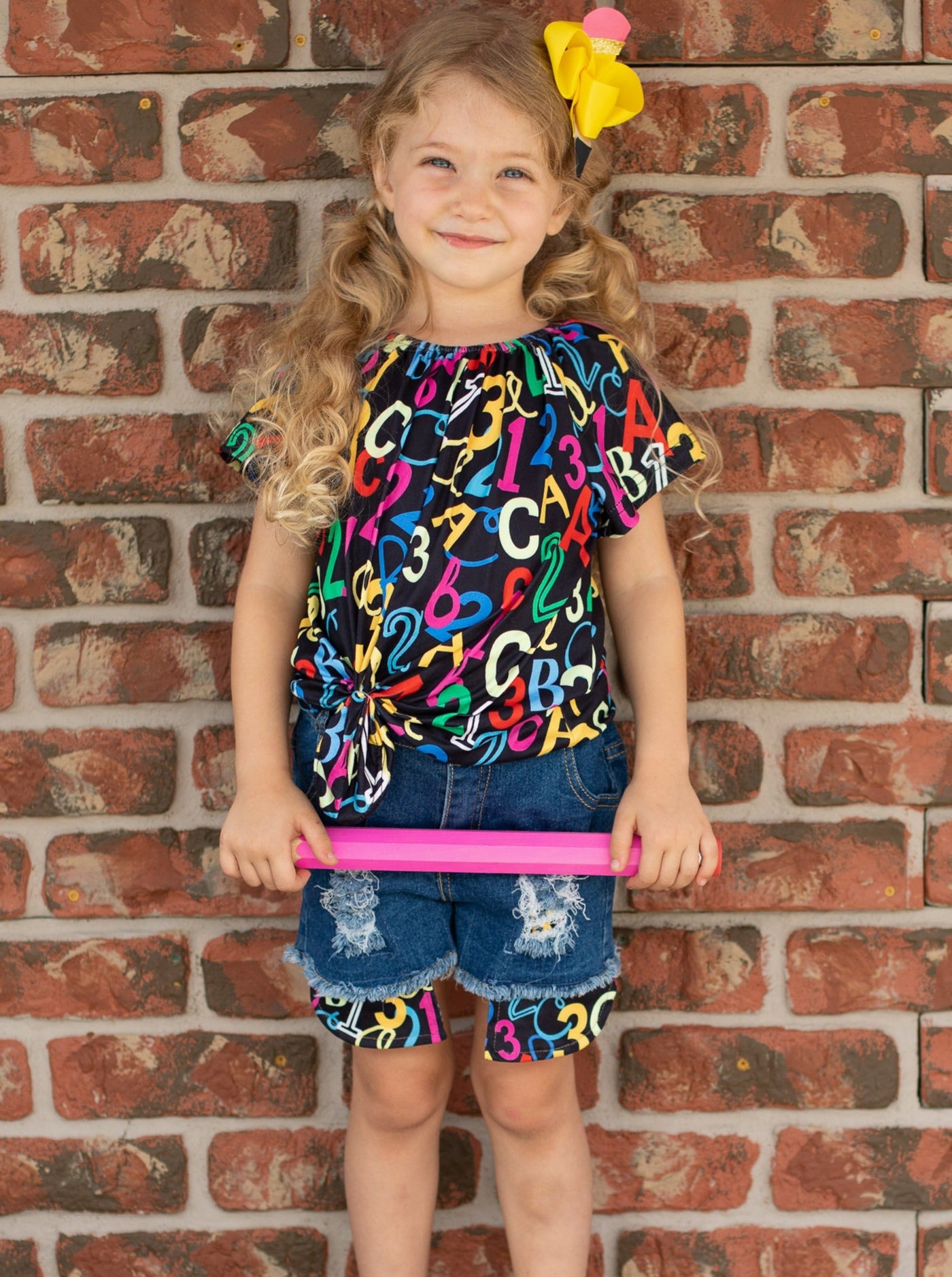 First Day of School | ABC 123 Top & Denim Shorts Set | Mia Belle Girls