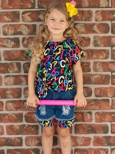 First Day of School | ABC 123 Top & Denim Shorts Set | Mia Belle Girls