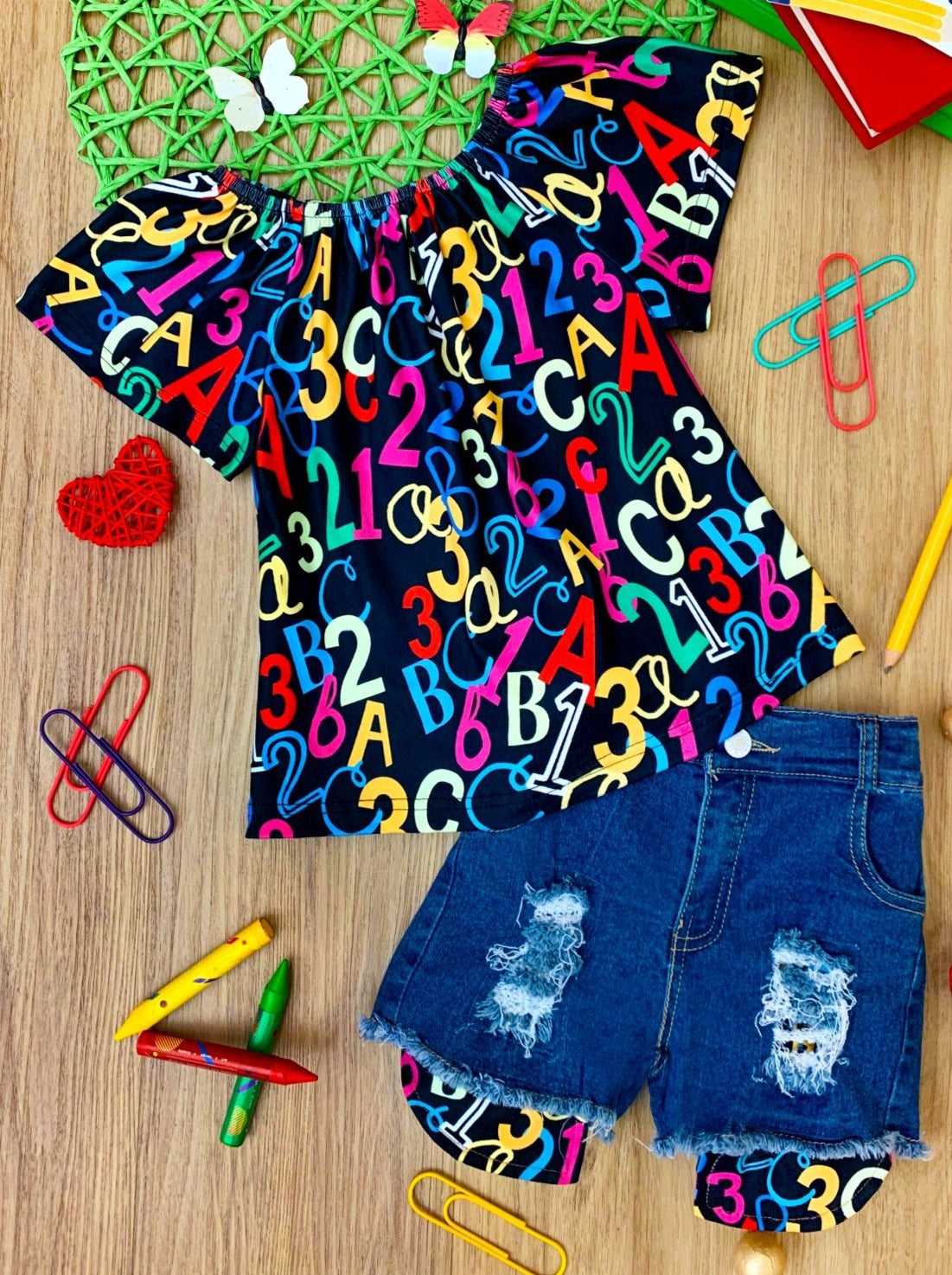 First Day of School | ABC 123 Top & Denim Shorts Set | Mia Belle Girls