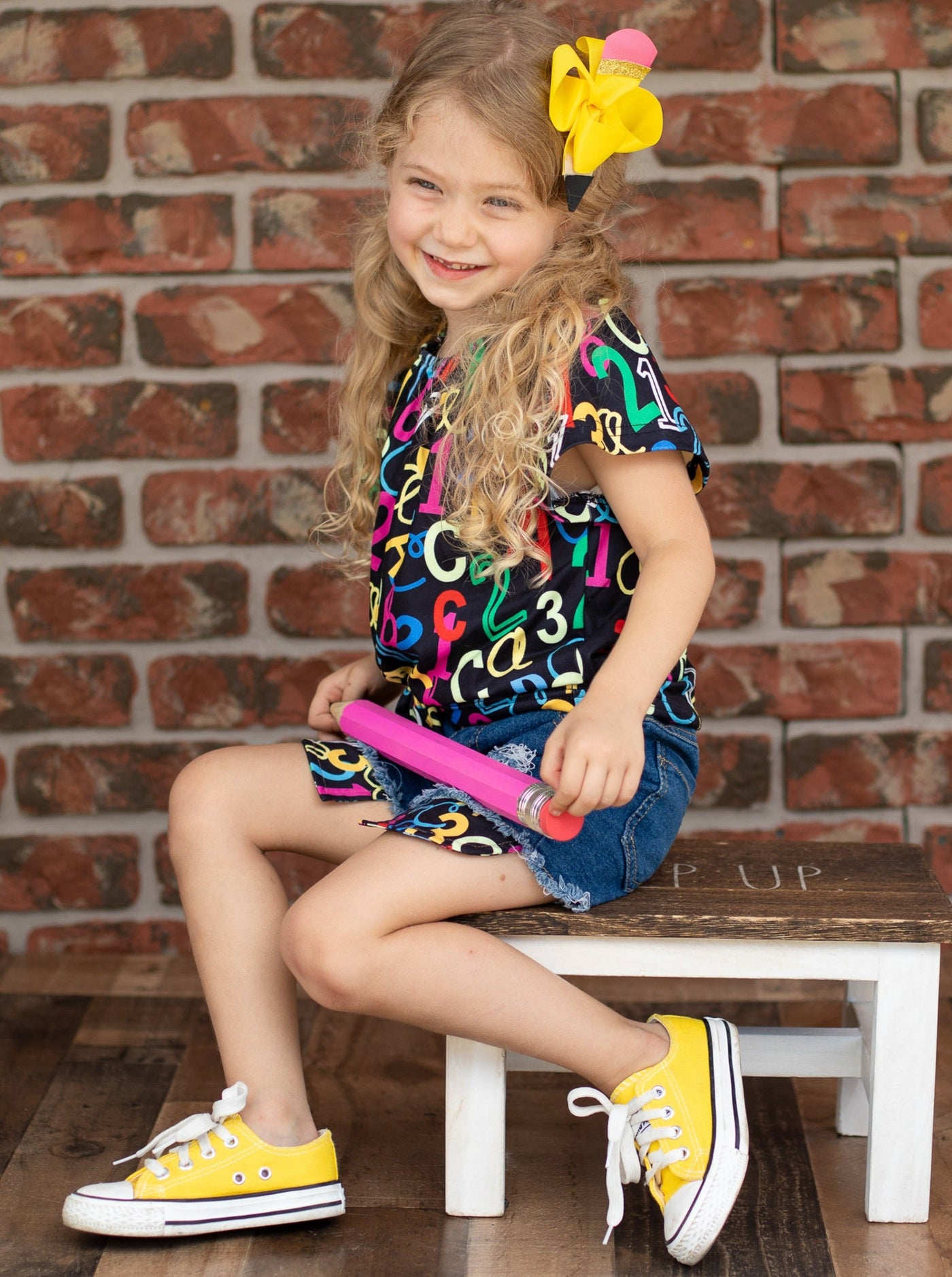 First Day of School | ABC 123 Top & Denim Shorts Set | Mia Belle Girls