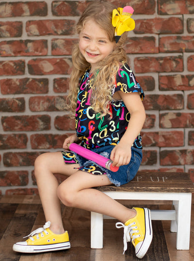 First Day of School | ABC 123 Top & Denim Shorts Set | Mia Belle Girls