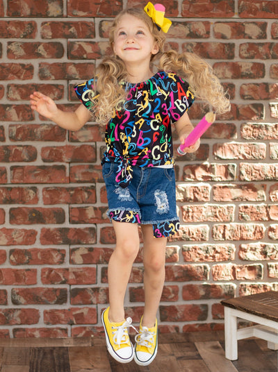 First Day of School | ABC 123 Top & Denim Shorts Set | Mia Belle Girls