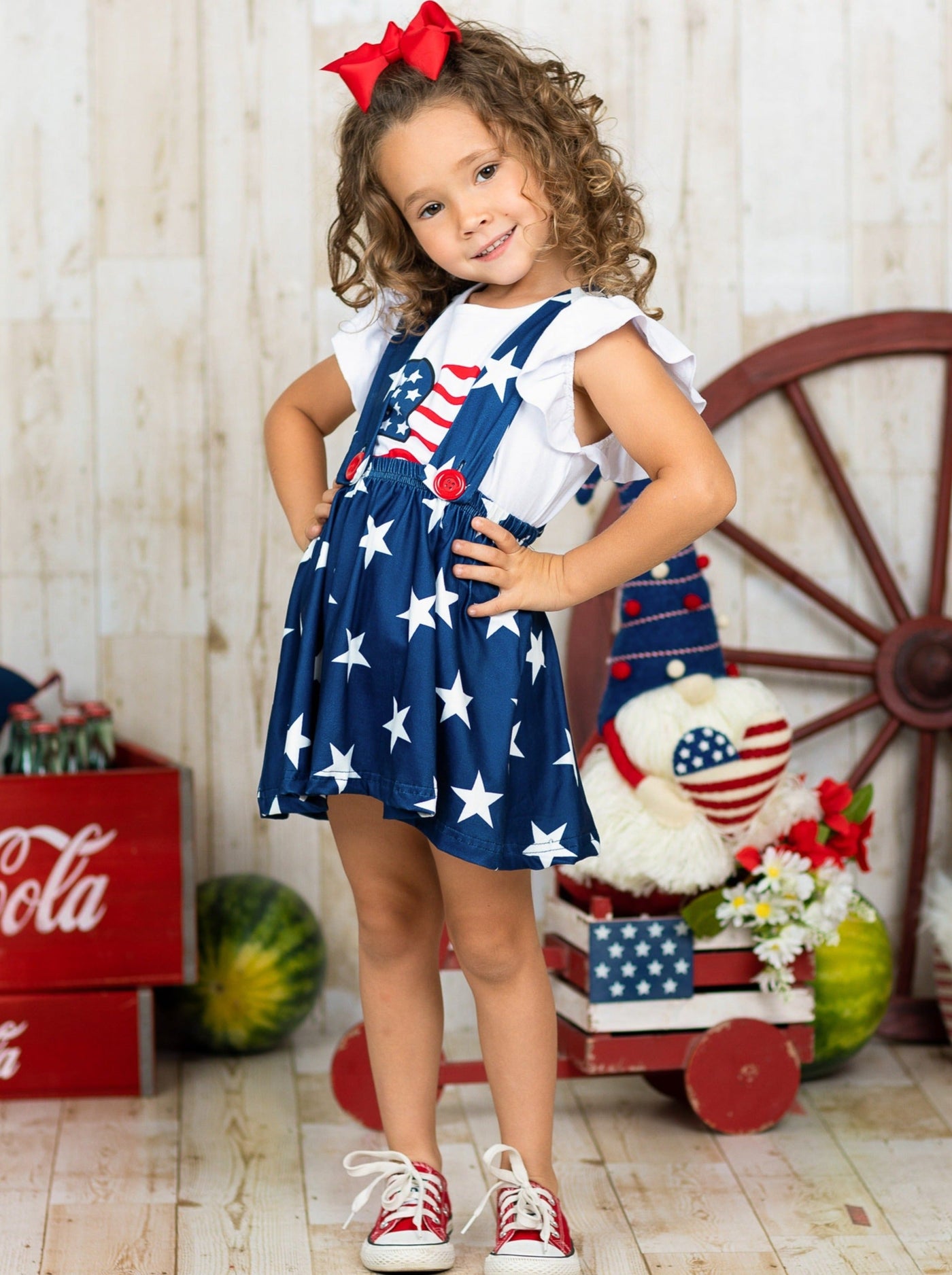 Girls 4th of July Outfits | USA Heart Top & Star Suspender Skirt Set