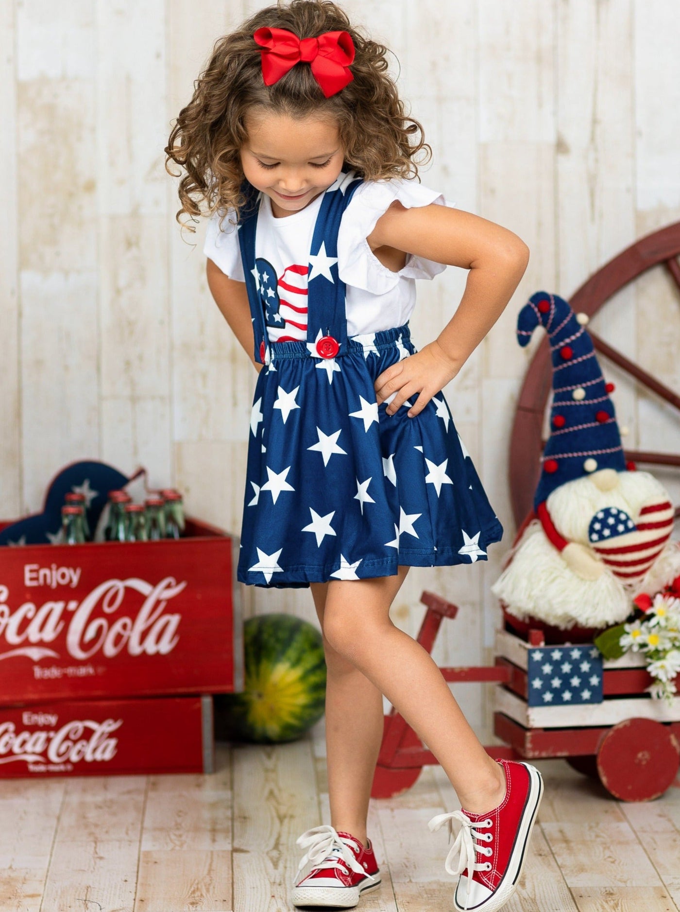 Girls 4th of July Outfits | USA Heart Top & Star Suspender Skirt Set