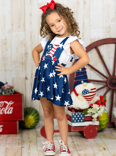 Girls 4th of July Outfits | USA Heart Top & Star Suspender Skirt Set
