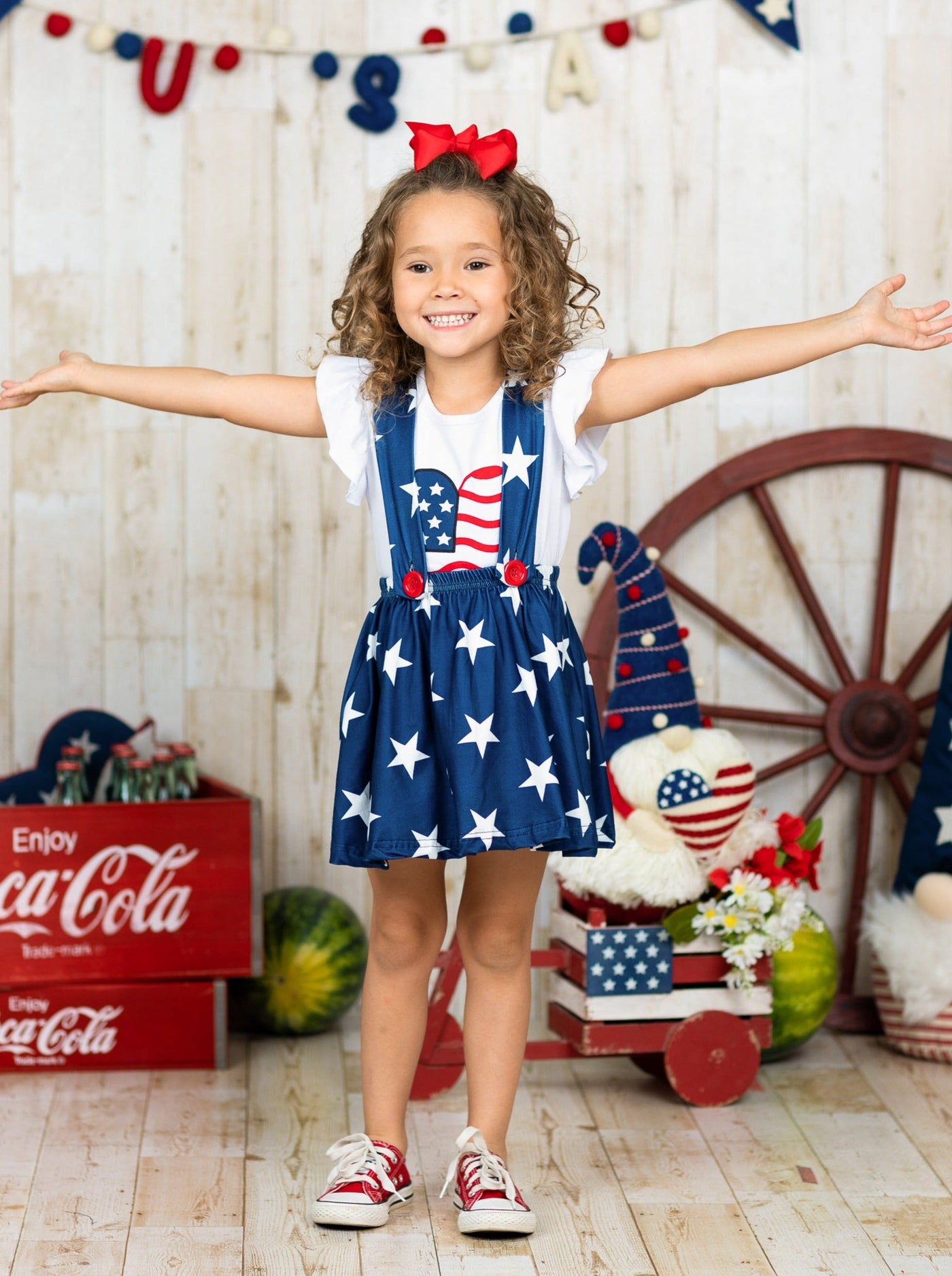 Girls 4th of July Outfits | USA Heart Top & Star Suspender Skirt Set