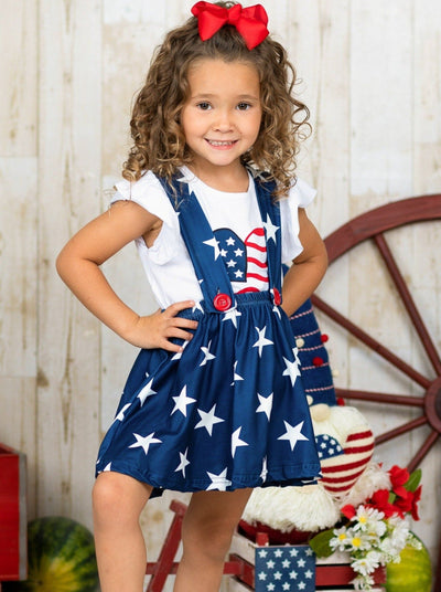 Girls 4th of July Outfits | USA Heart Top & Star Suspender Skirt Set