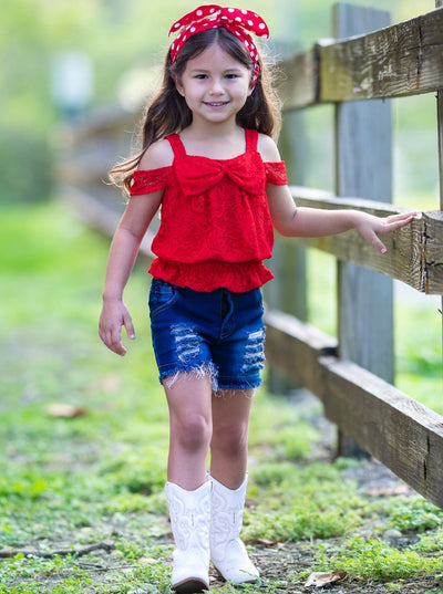 Girls 4th of July Outfits | Could Shoulder Lace Top & Denim Shorts Set
