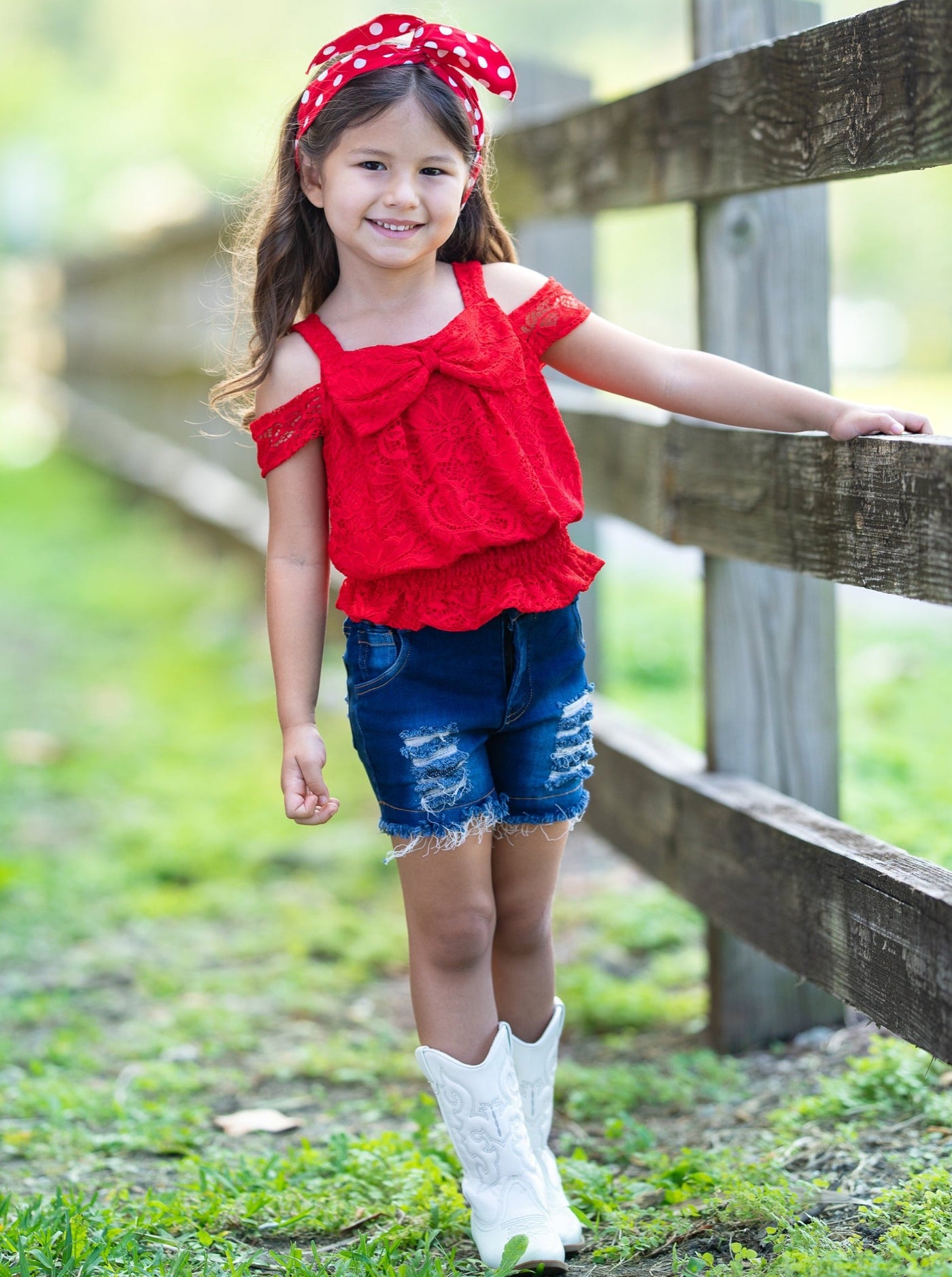 Girls 4th of July Outfits | Could Shoulder Lace Top & Denim Shorts Set