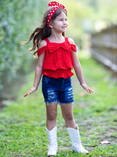 Girls 4th of July Outfits | Could Shoulder Lace Top & Denim Shorts Set