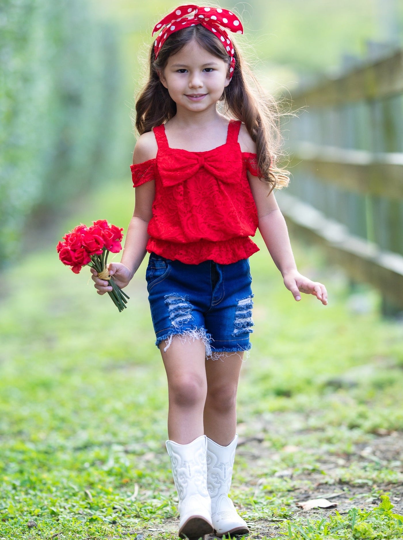 Girls 4th of July Outfits | Could Shoulder Lace Top & Denim Shorts Set
