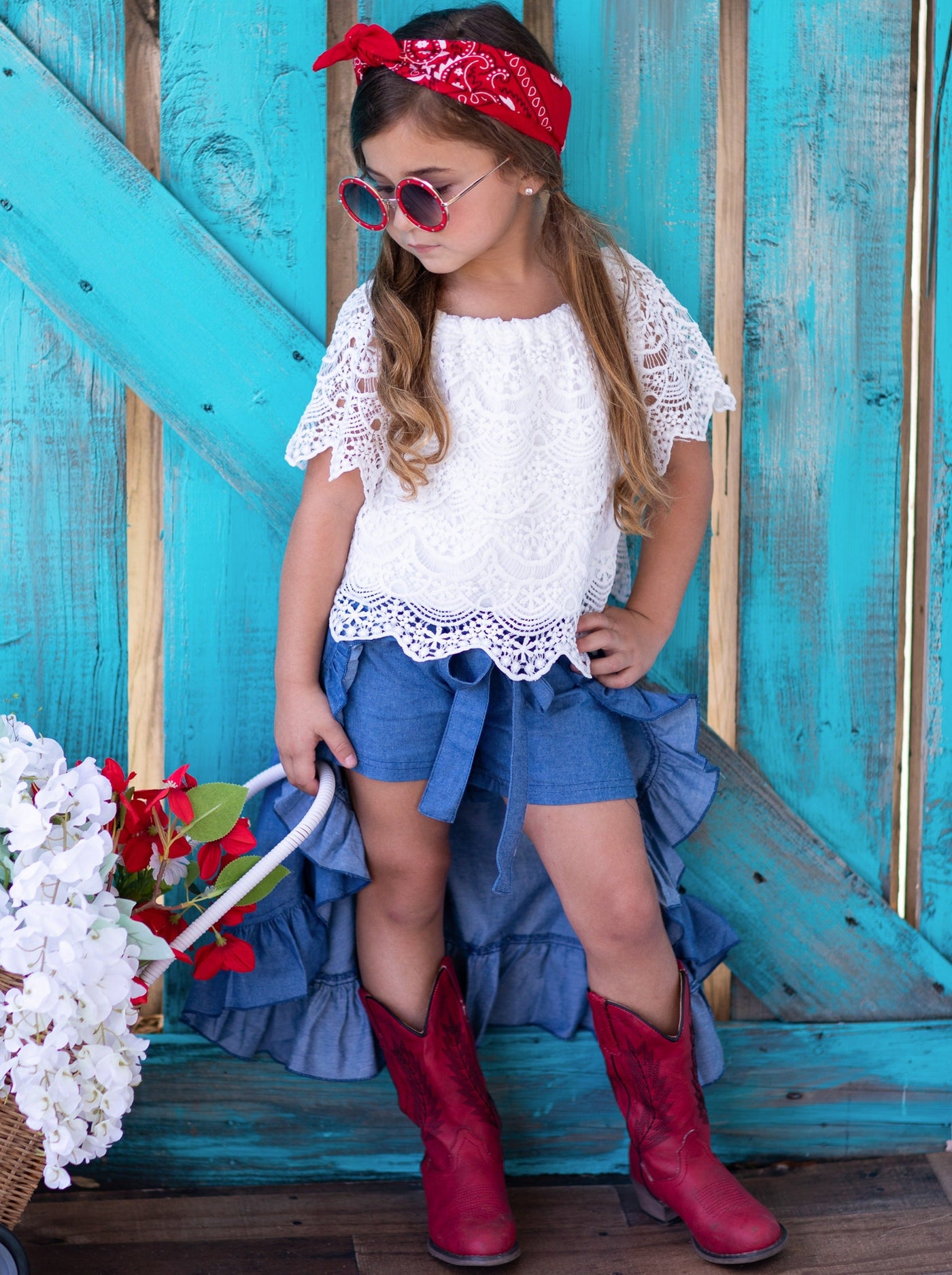 Girls Spring Outfits |  Lace Top & Ruffle Skirted Chambray Shorts Set