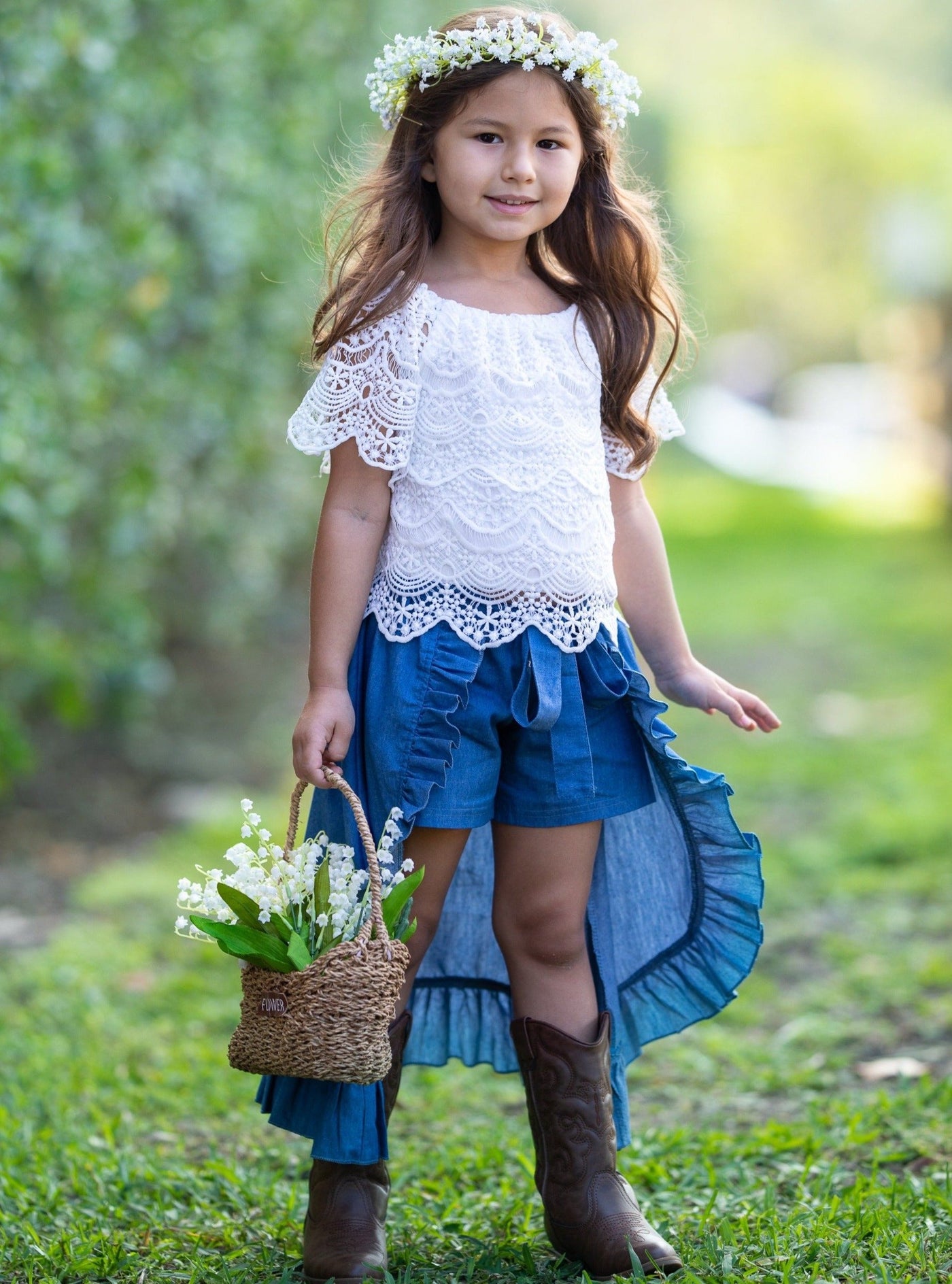 Girls Spring Outfits |  Lace Top & Ruffle Skirted Chambray Shorts Set