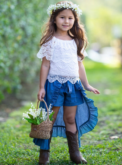 Girls Spring Outfits |  Lace Top & Ruffle Skirted Chambray Shorts Set