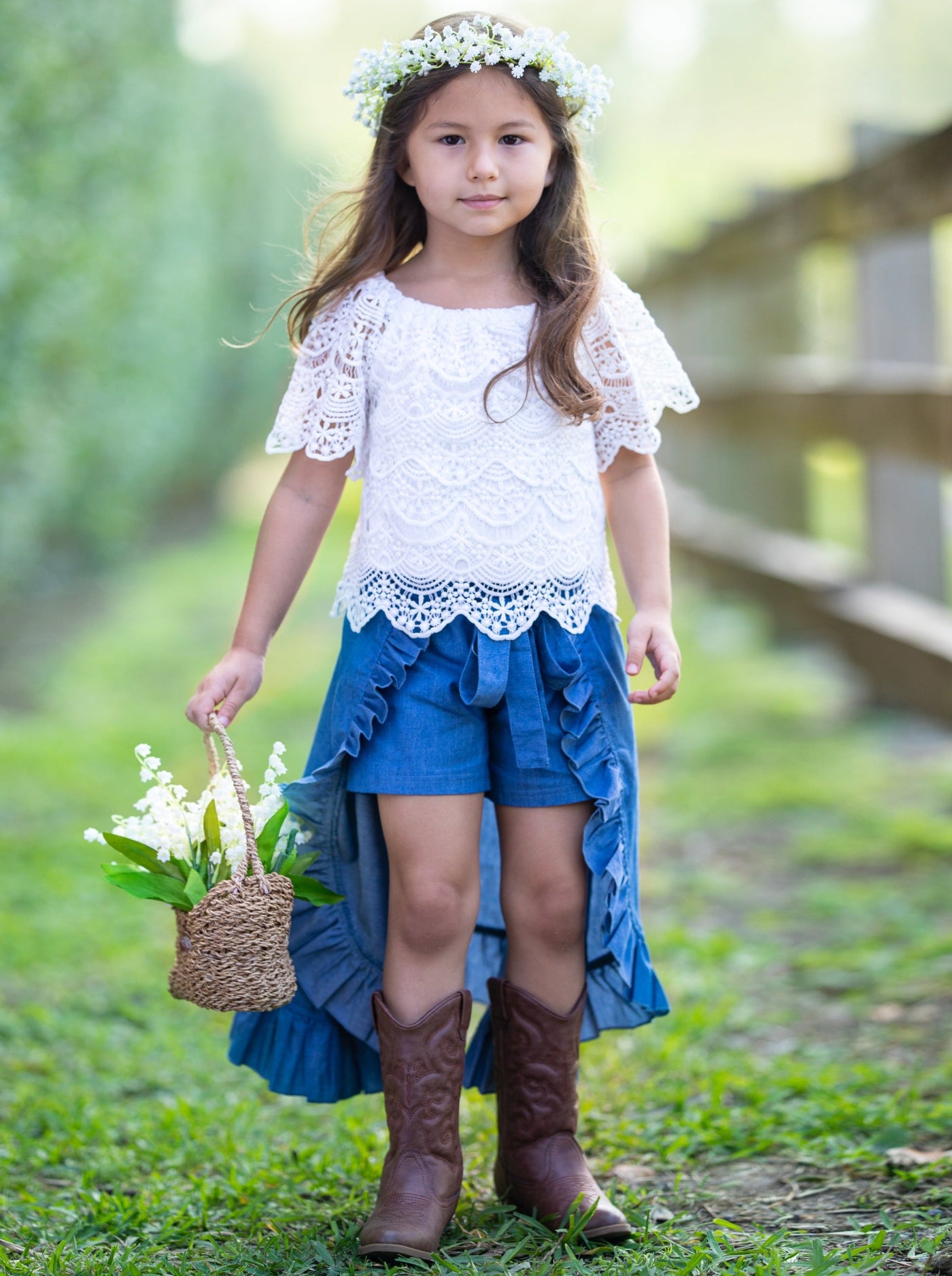Girls Spring Outfits |  Lace Top & Ruffle Skirted Chambray Shorts Set