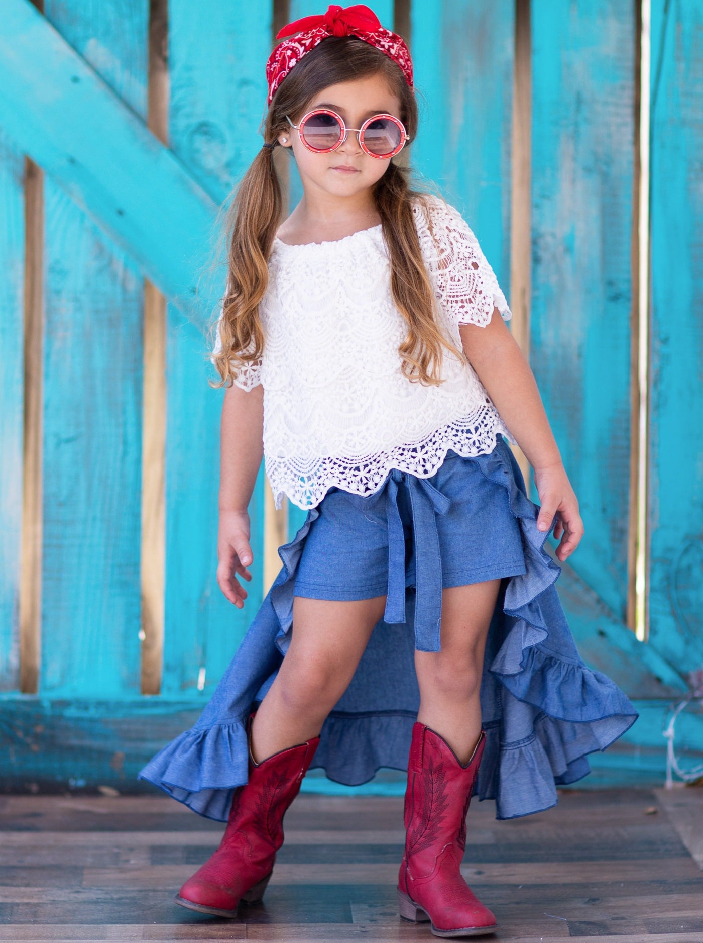 Girls Spring Outfits |  Lace Top & Ruffle Skirted Chambray Shorts Set