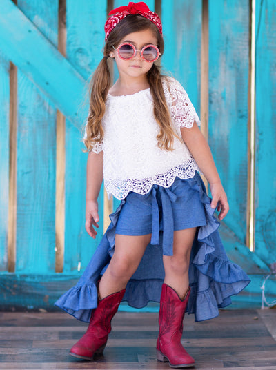 Girls Spring Outfits |  Lace Top & Ruffle Skirted Chambray Shorts Set