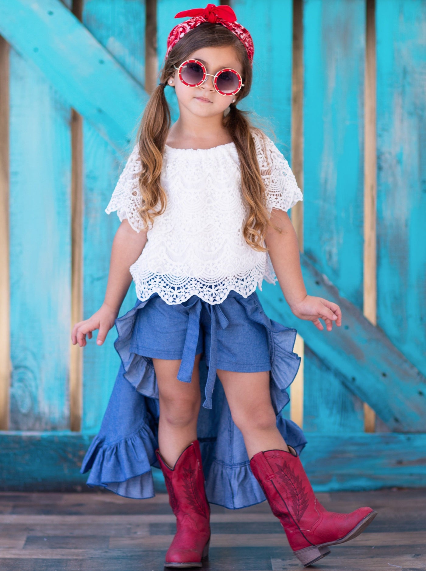 Girls Spring Outfits |  Lace Top & Ruffle Skirted Chambray Shorts Set