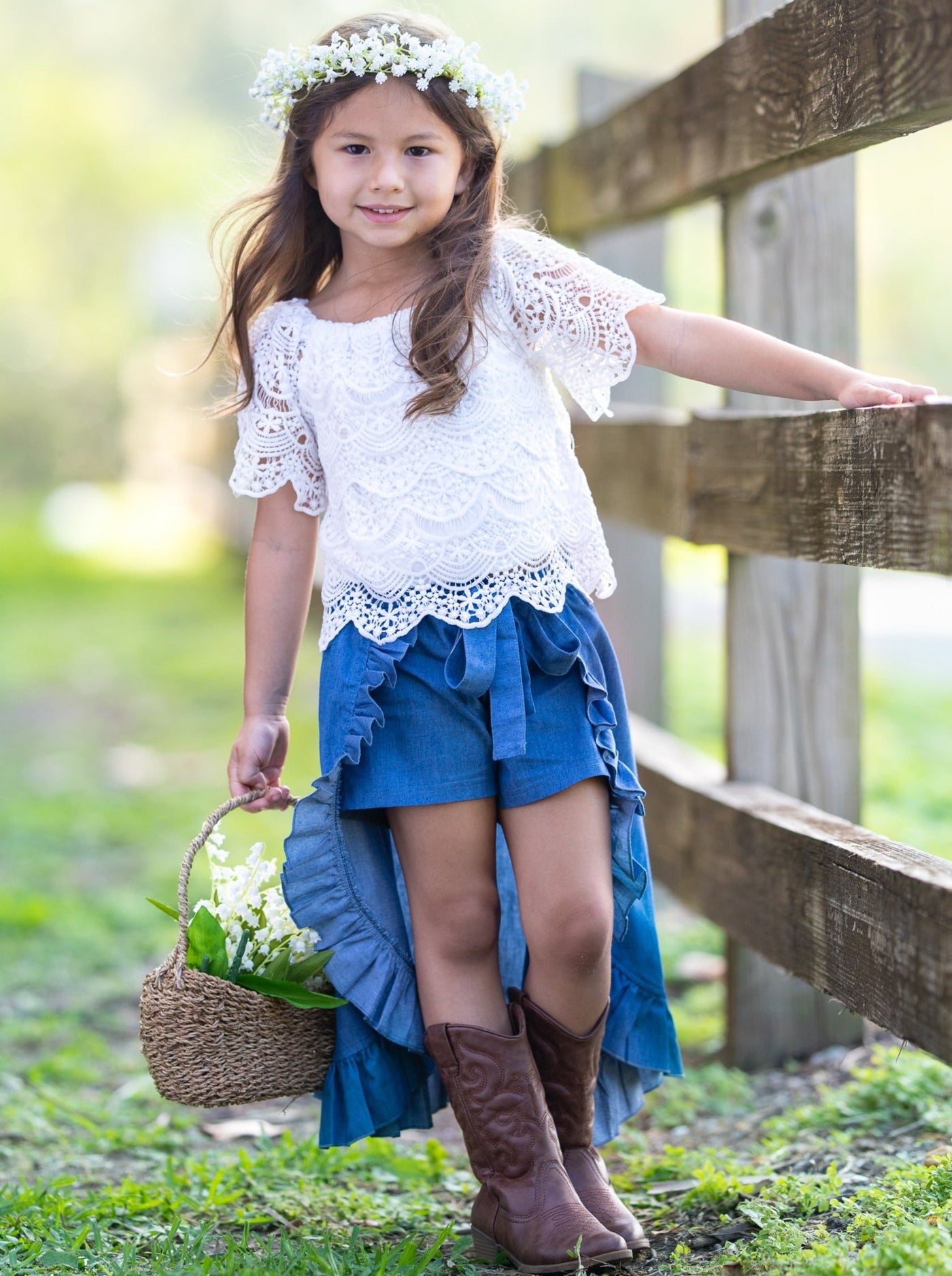 Girls Spring Outfits |  Lace Top & Ruffle Skirted Chambray Shorts Set